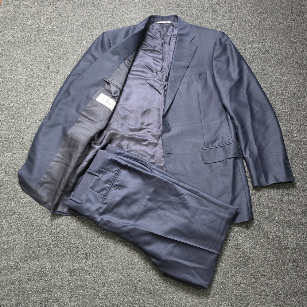 Canali 2-Button Suit Wool Silk Blend Navy Blue Mens 44L Flat Front Pants 37x30
